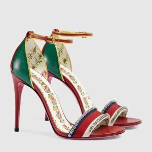 GUCCI Leather Sandal Heels Floral with Crystals — 37.5 — Fall/Winter 2017